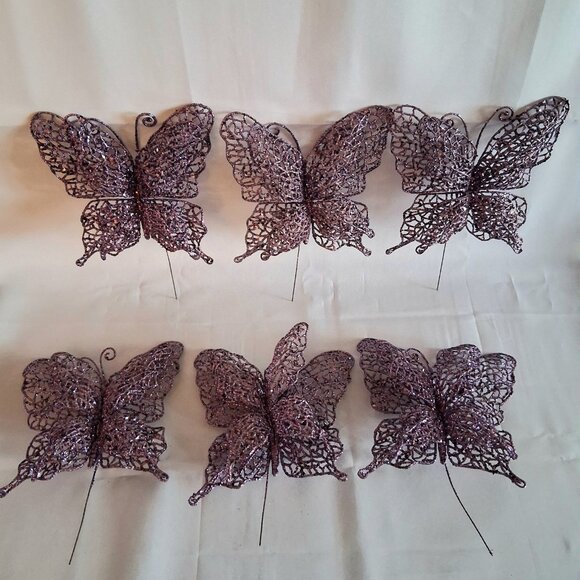 Lot of 6 Purple Glitter Decorative Butterflies - Picture 2 of 10